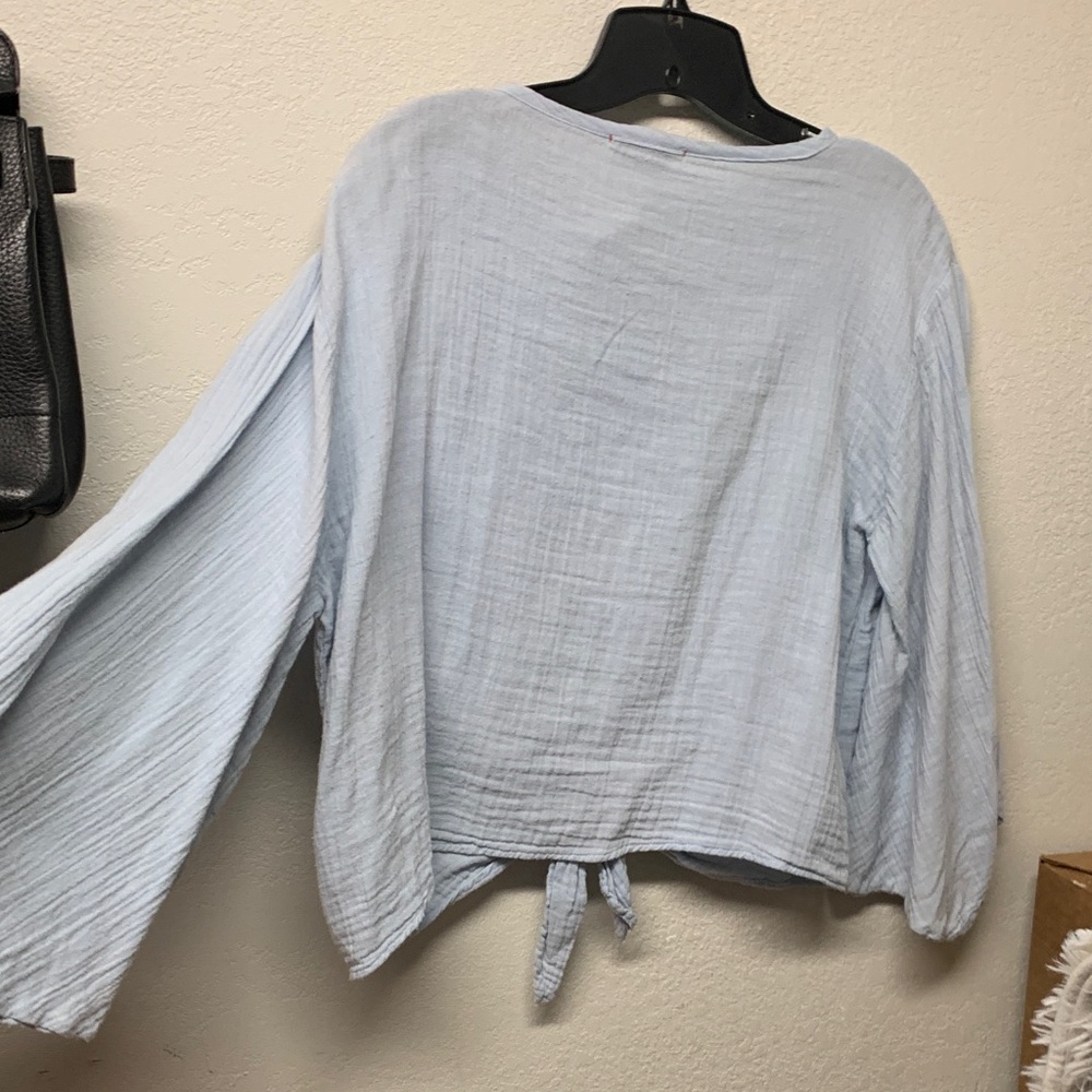 Staxx Light Blue Women's Tie-Front Long sleeve Blouse - Picture 3 of 3